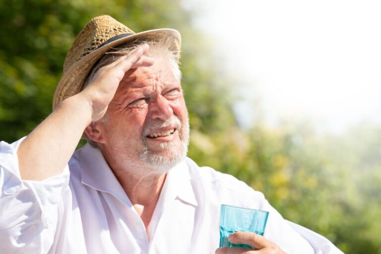 Älterer Herr blickt in die Sonne